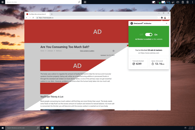 Desktop with OneLaunch dock and Chromium Ad Blocker open