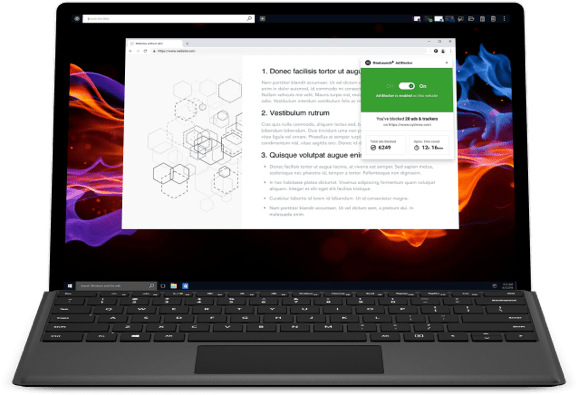Laptop with OneLaunch dock and Chromium Ad Blocker open